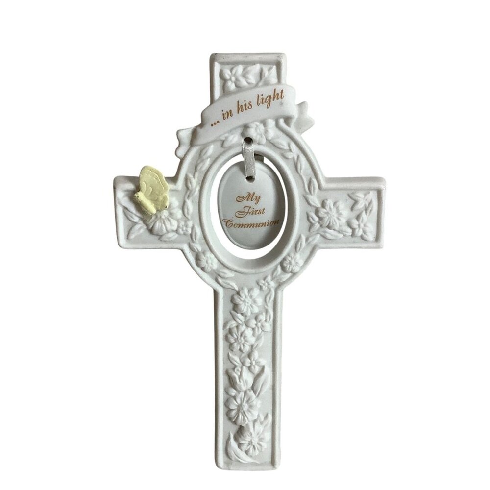 Vtg 1996 My First Communion Cross Wall Plaque Enesco Porcelain Floral‎ Motif